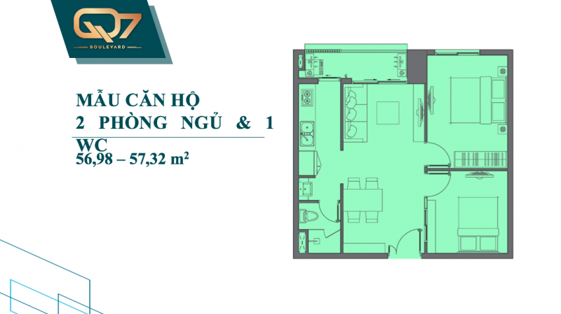 Bảng vẽ thiết kế chi tiết căn hộ Q7 Boulevard 2 phòng ngủ 1wc