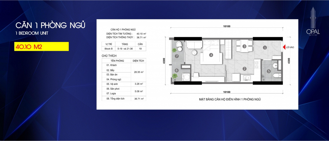 Mẫu thiết kế căn hộ 1PN dự án Opal Skyline Thuận An