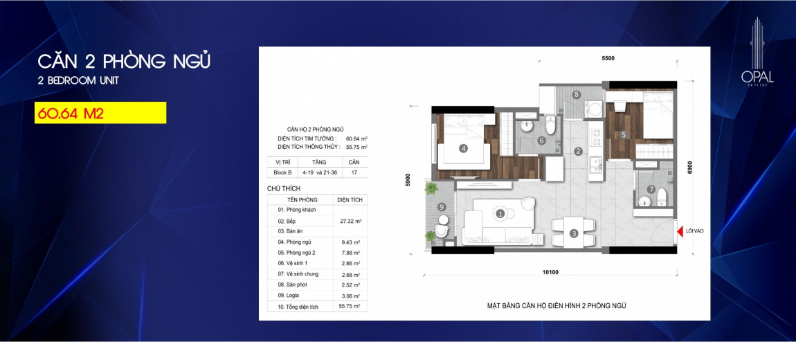 Mẫu thiết kế căn hộ 2PN dự án Opal Skyline Thuận An