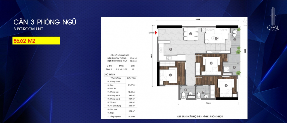 Mẫu thiết kế căn hộ 3PN dự án Opal Skyline Thuận An